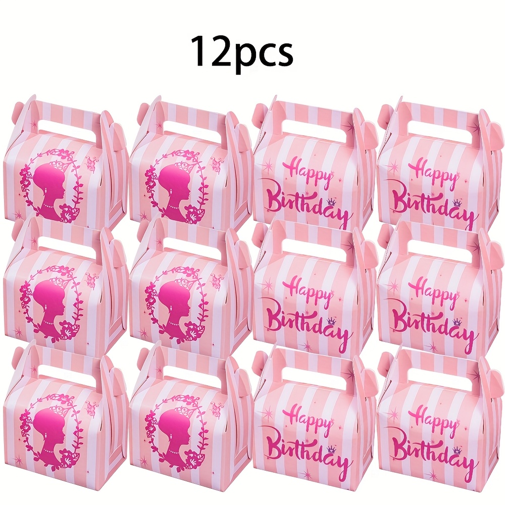 Image of 12pcs/18pcs, Pink Boxes With "happy Birthday", Crown & Floral Designs – High-quality Paper, Ideal For Birthday/gender Reveal Parties, Festival Gifts & Princess-themed Decor, Christmas, Halloween