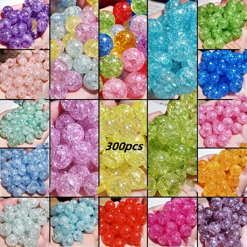TEMU 300pcs Perles Rondes Transparents Acryliques Craquelées 8Mm, Additions de Bijoux Main, Perles Florales, Pierres Brisées Colorées, Perles Glacées