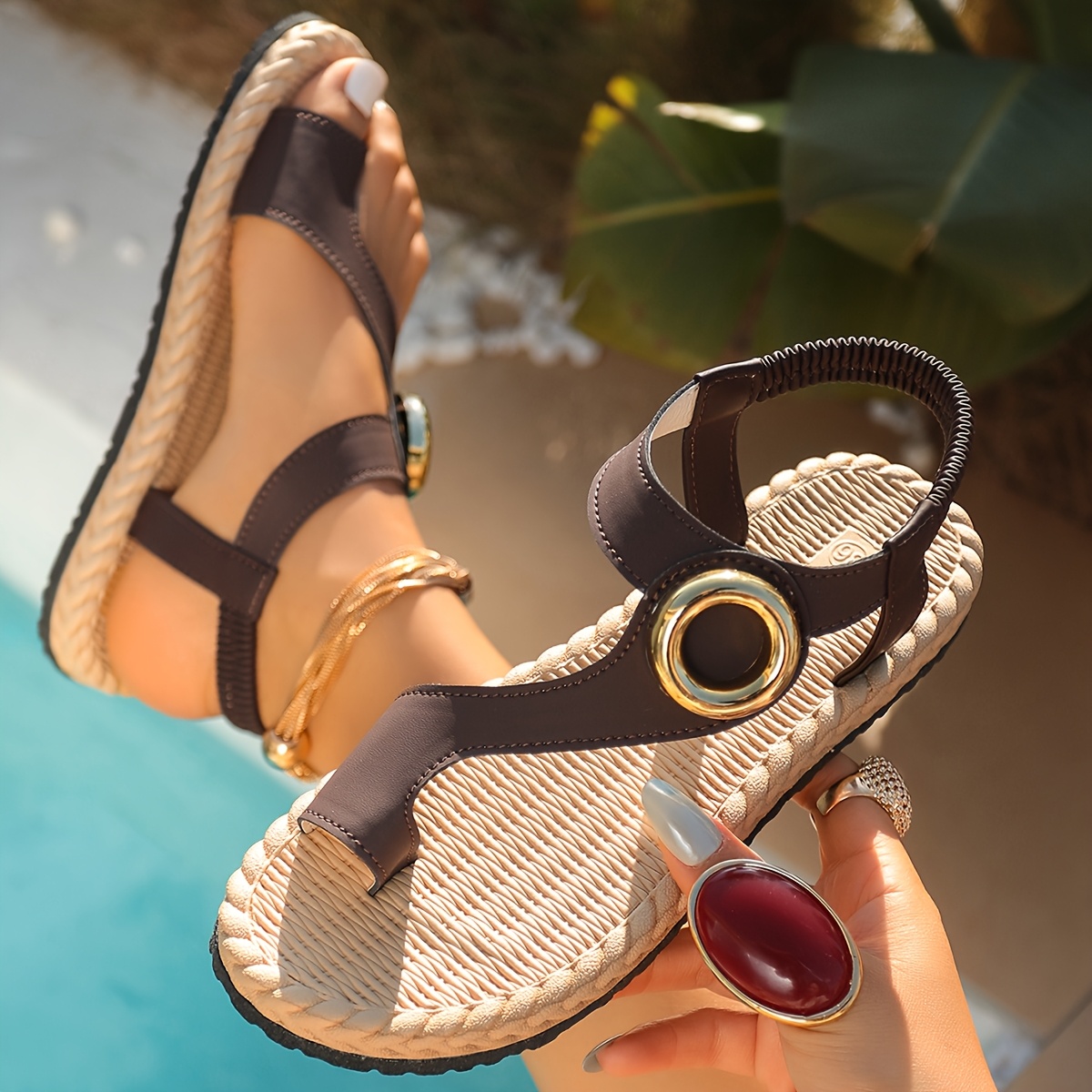 Summer New Flat Sandals - Fashionable And Versatile - Casual And Durable - Round Golden Additions - Elegant And Lightweight - Non-Slip Soft Sole - Comfortable Home And Outdoor Bohemian Flat Slippers, Fashionable Beach Slippers, Women Shoes