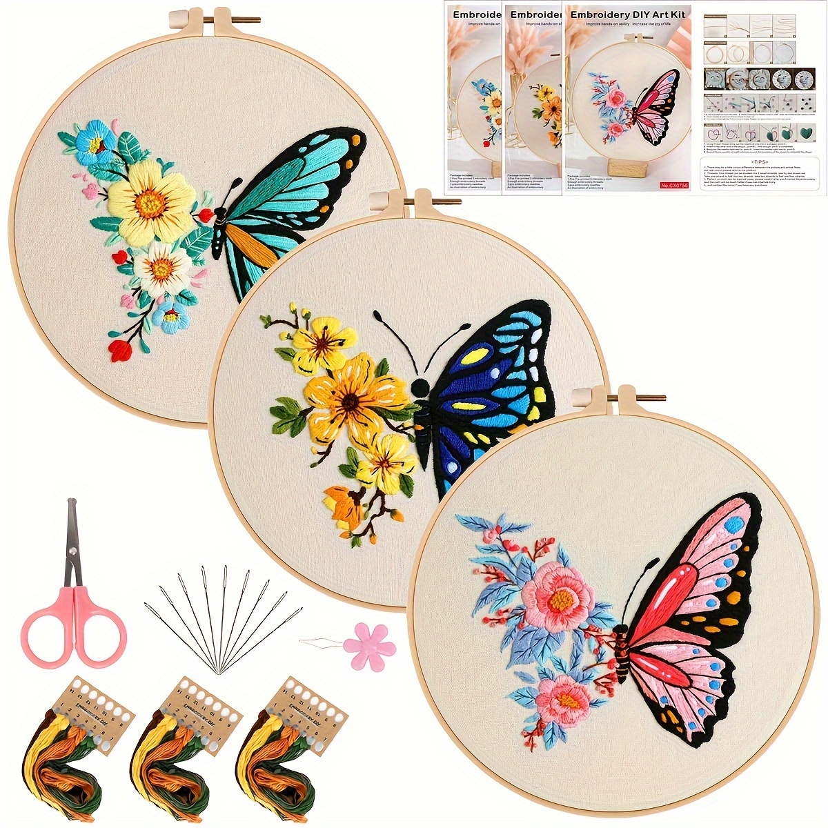 

Set (4 Pieces) Embroidery Kit, Butterflies And Flowers, Including 1 7.9-inch Embroidery Hoop