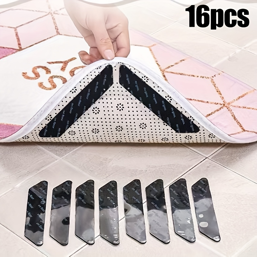 16pcs Black Carpet Anti-slip Gripper Pads, Rug And Carpet Fixing Anti-slip Stickers, Sheet Anti-shift Holders, Reusable Rubber Pads, Suitable For Carpets, Bed Sheets, And Wooden Floors