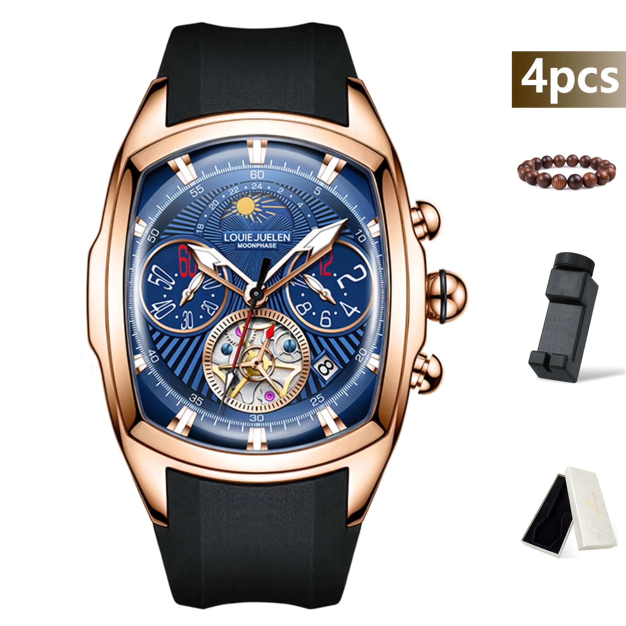 4pcs Men's Mechanical Watches, Suitable For Business And Casual, Golden Color With Multiple Options, Light Luxury And Versatile Business Men's Wristwatch