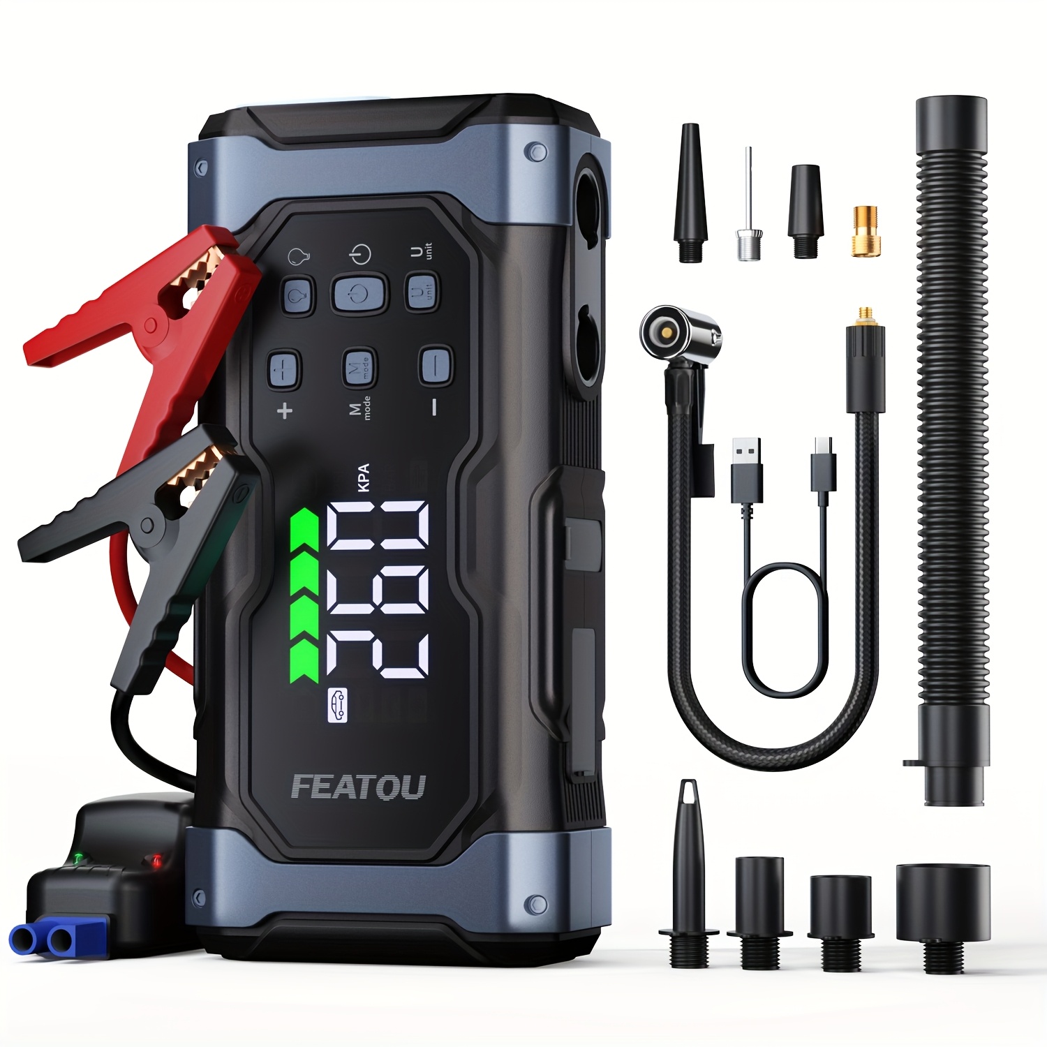 TEMU FEATOU 9000A 12V/36V Démarreur Portable avec Compresseur d'Air et Gonfleur de Pneus, Booster de Batterie d'Urgence 9-en-1, Affichage LCD, Charge