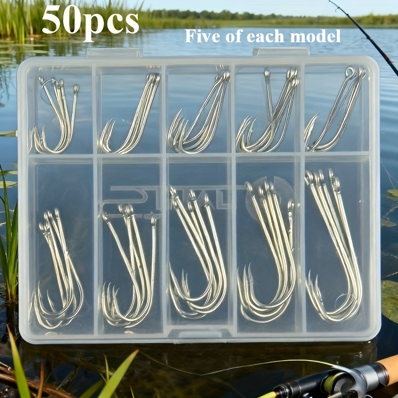 Image of 50 Silvery Long Shank Fishing Hooks Mixed Sizes Ten Compartment Box - High Strength, Good Corrosion Resistance, Suitable For Fresh And Salt Water, For Catfish, , Trout, , Tuna, And