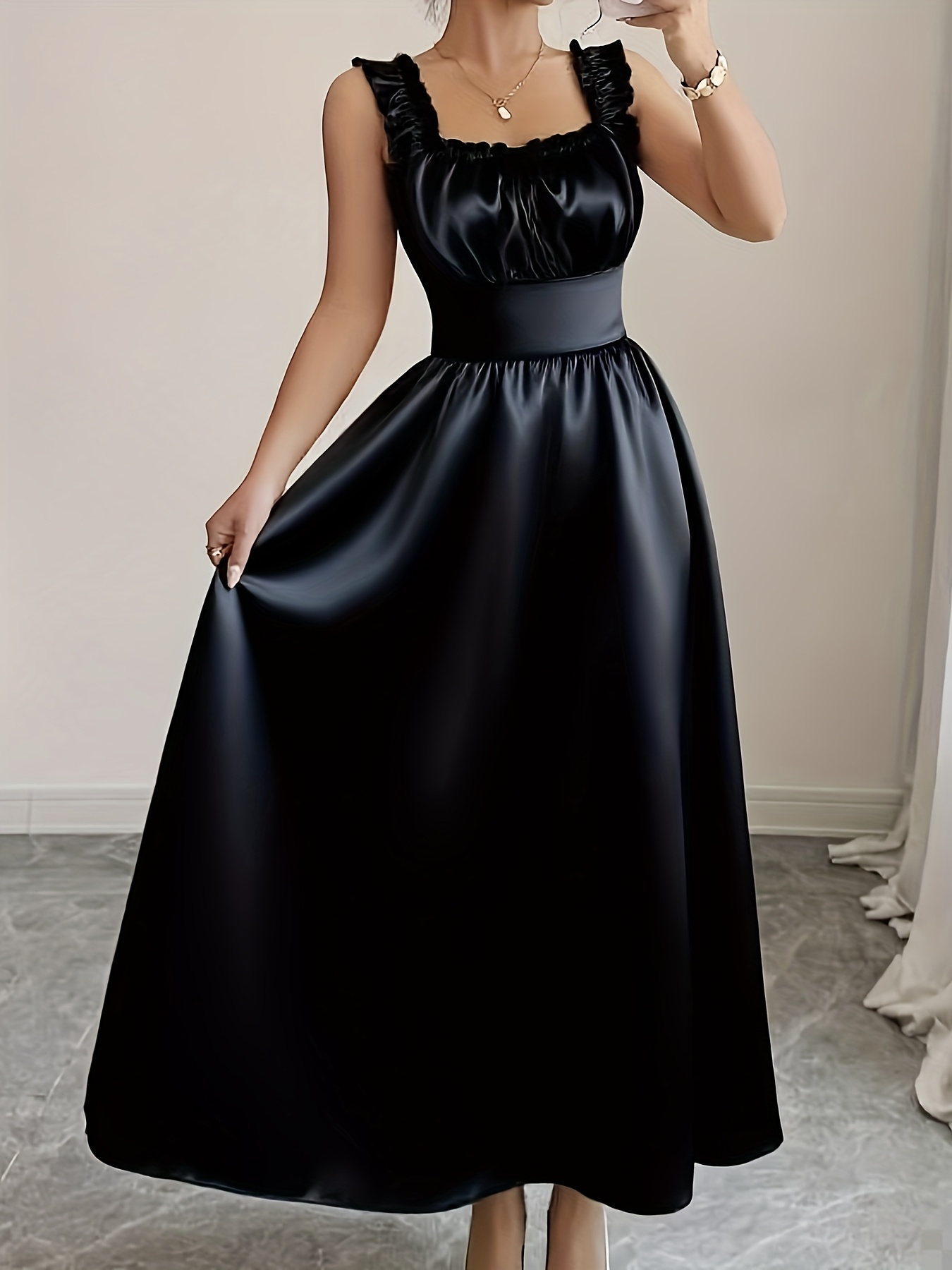 sachin and babi light blue dress Black Satin Spaghetti Straps Short Prom Dress, Black Homecoming Party Dress main image 0