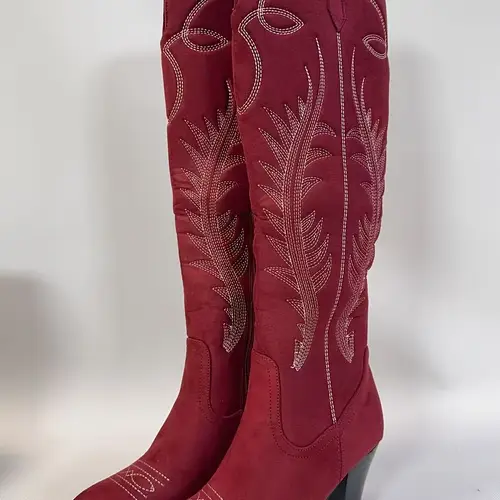 womens cowboy boots knee high embroidered side zipper slip on pointed toe thick heel fashionable and retro soft and comfortable