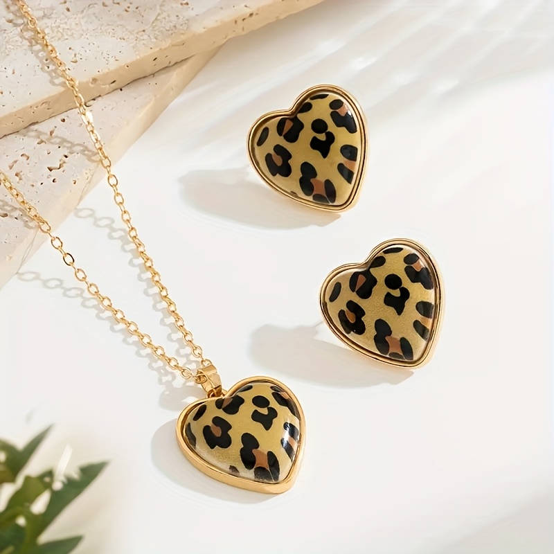 2pc Leopard Print & Heart Vintage Earrings Set for Women