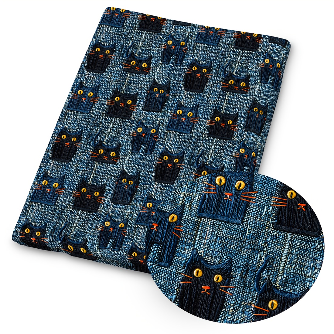 TEMU 1 pieza de tela de de mezclilla 3D con estampado temático de Halloween - Patrones de gato negro, calabaza, casa y calavera, 59X19.68 pulgadas