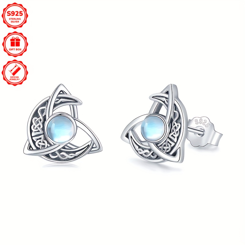 Vintage Boho 925 Silver Celtic Moonstone Earrings Filigree Crescent Moon