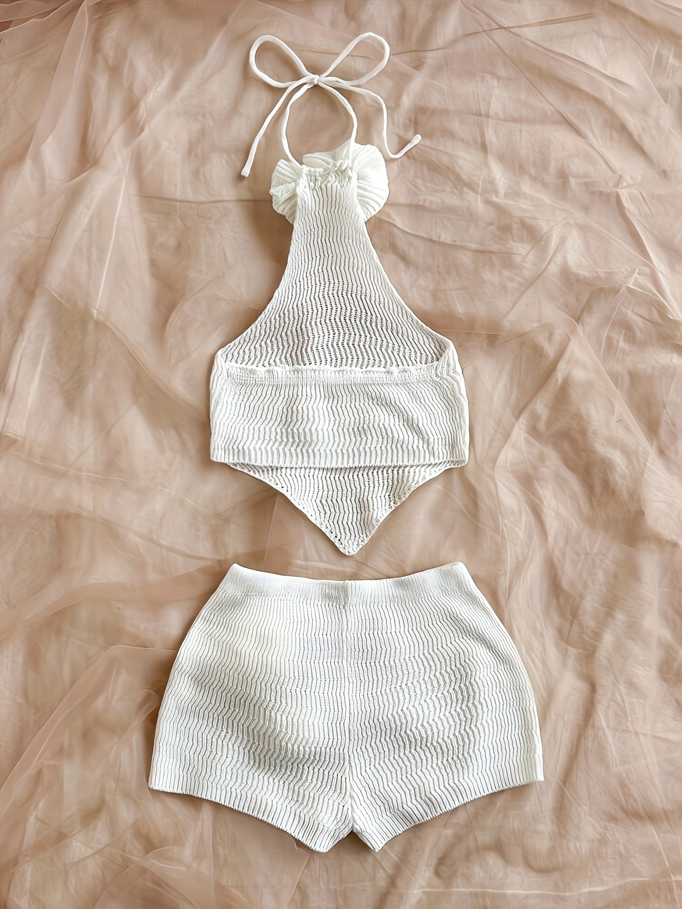 handmade 3d floral halter neck vest with   scarf   backless belly band   short shorts     fabric two piece set summer   Product details 13