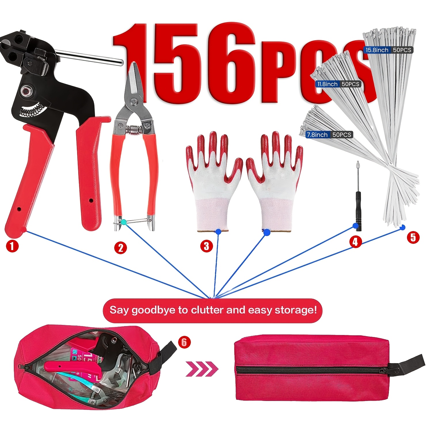 TEMU Heavy Duty 304 Stainless Steel Cable Tie Gun Kit-156pcs Metal Zip Ties (3 Sizes), Tensioning/cutting Tool For Fencing, Chicken Coop, Cable