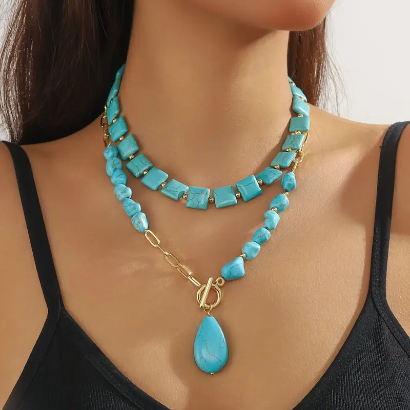 2Pcs Set Irregular Natural Turquoise Droplet Shaped Pendant