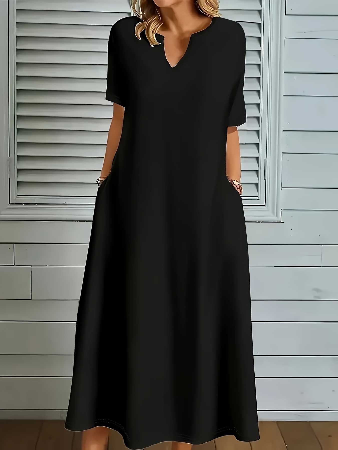 Plus Size, Women's Plus-size Fashionable Elegant Solid-color Long Dress,  Featuring a Notched V-neck Design with Pocket Details * for * Wear, Casual  * and Vacations