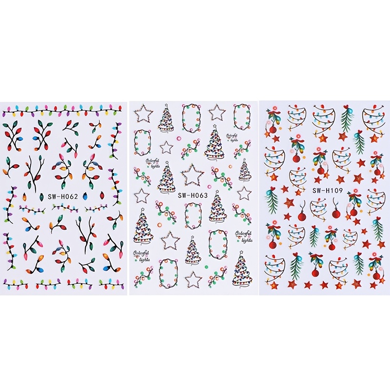 TEMU 3 feuilles d'autocollants lumineux pour nail art de Noël, conçus avec des de Noël, des bandes lumineuses, des cloches, des feuilles et des d',