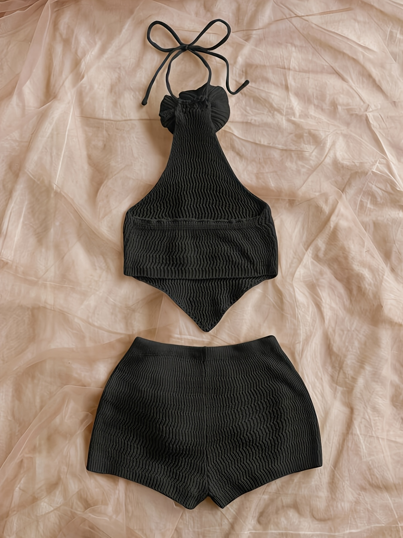 handmade 3d floral halter neck vest with   scarf   backless belly band   short shorts     fabric two piece set summer   Product details 1