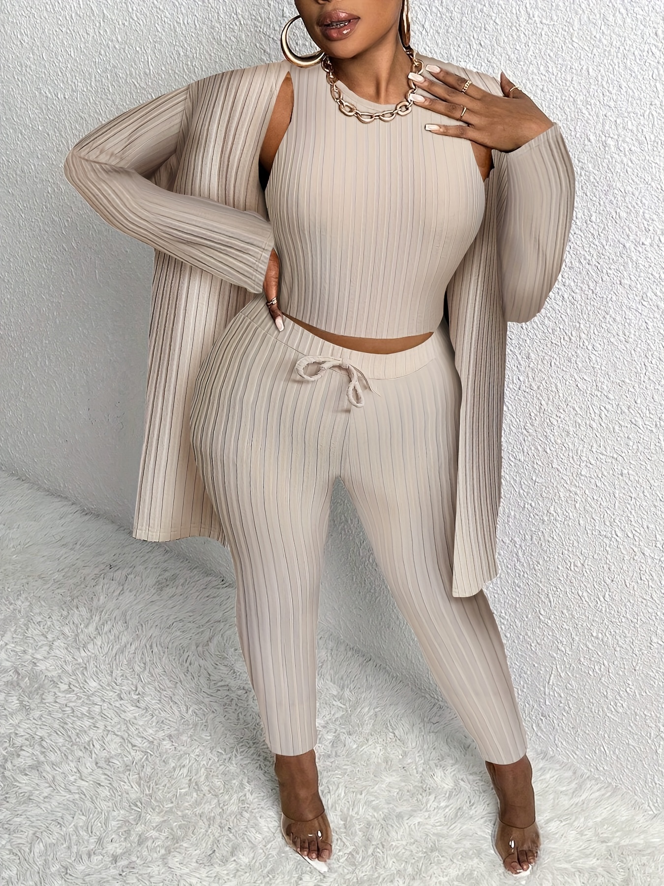 Women's Casual Outfits Set Plus Size Solid Ribbed Knit Long - Temu Canada