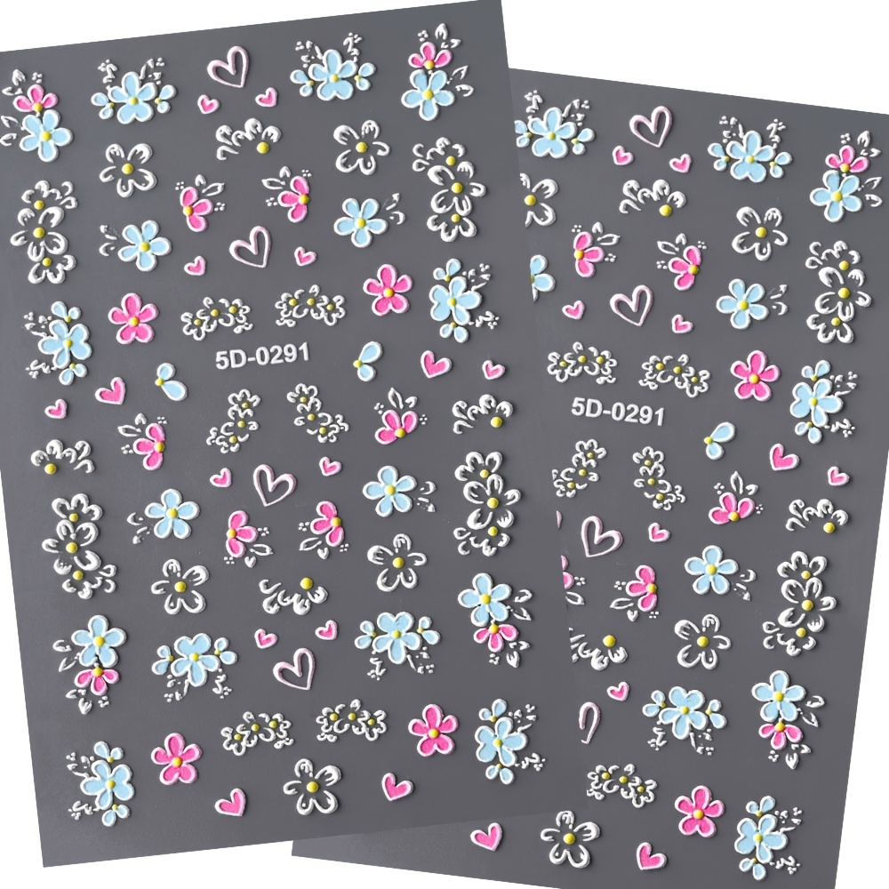 2 Sheets Of 5d Embossed Floral Nail Art Stickers And Decals - Glossy Self-adhesive Flower Designs For Nail Decoration At Home Or In A Salon, Perfect Nail Art Supplies For Women And