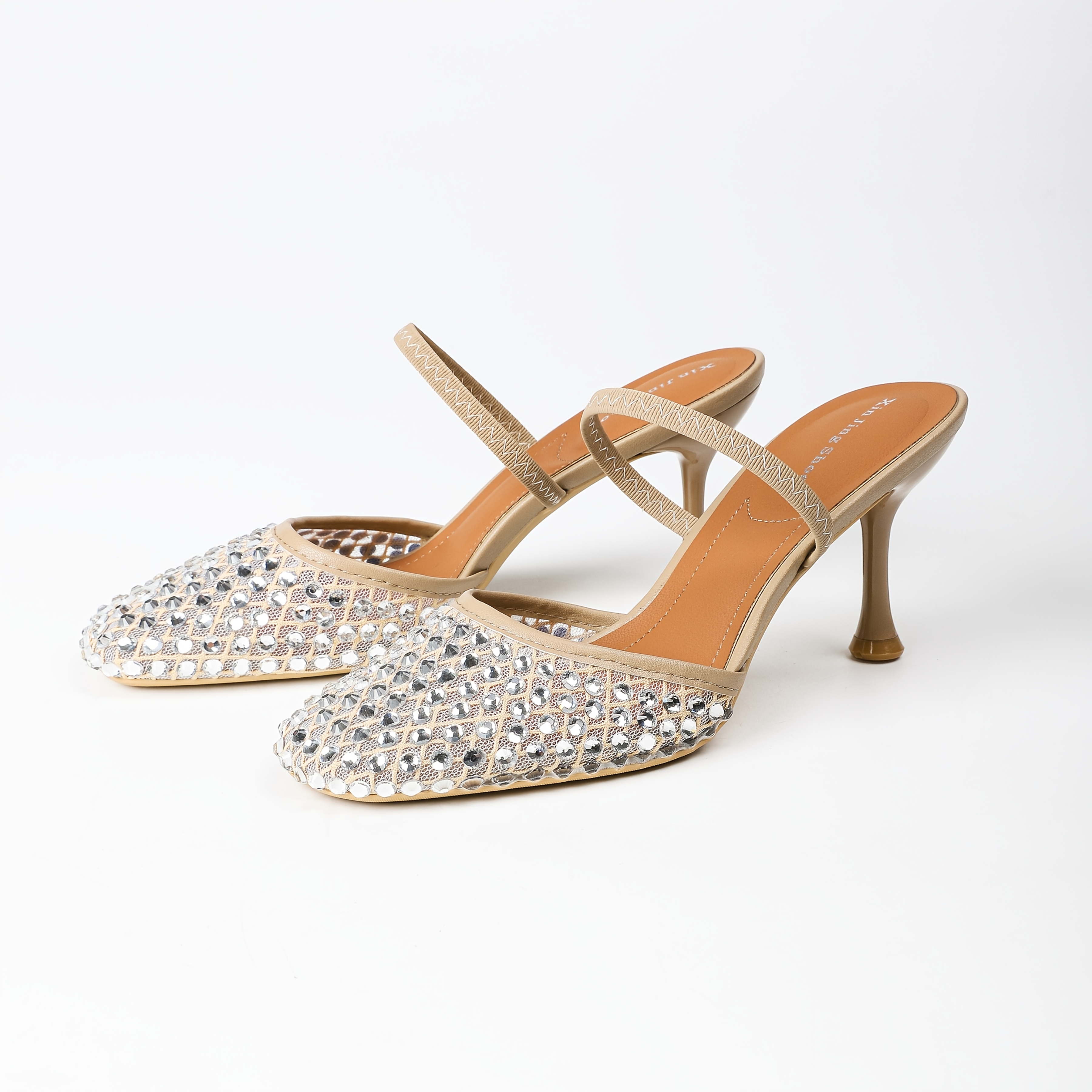 Summer Elegant Mesh Rhinestone Mule Slippers, Stiletto Wine Glass Heel Half Slippers, Wear, One-strap High-heeled Sandals, Women Shoes