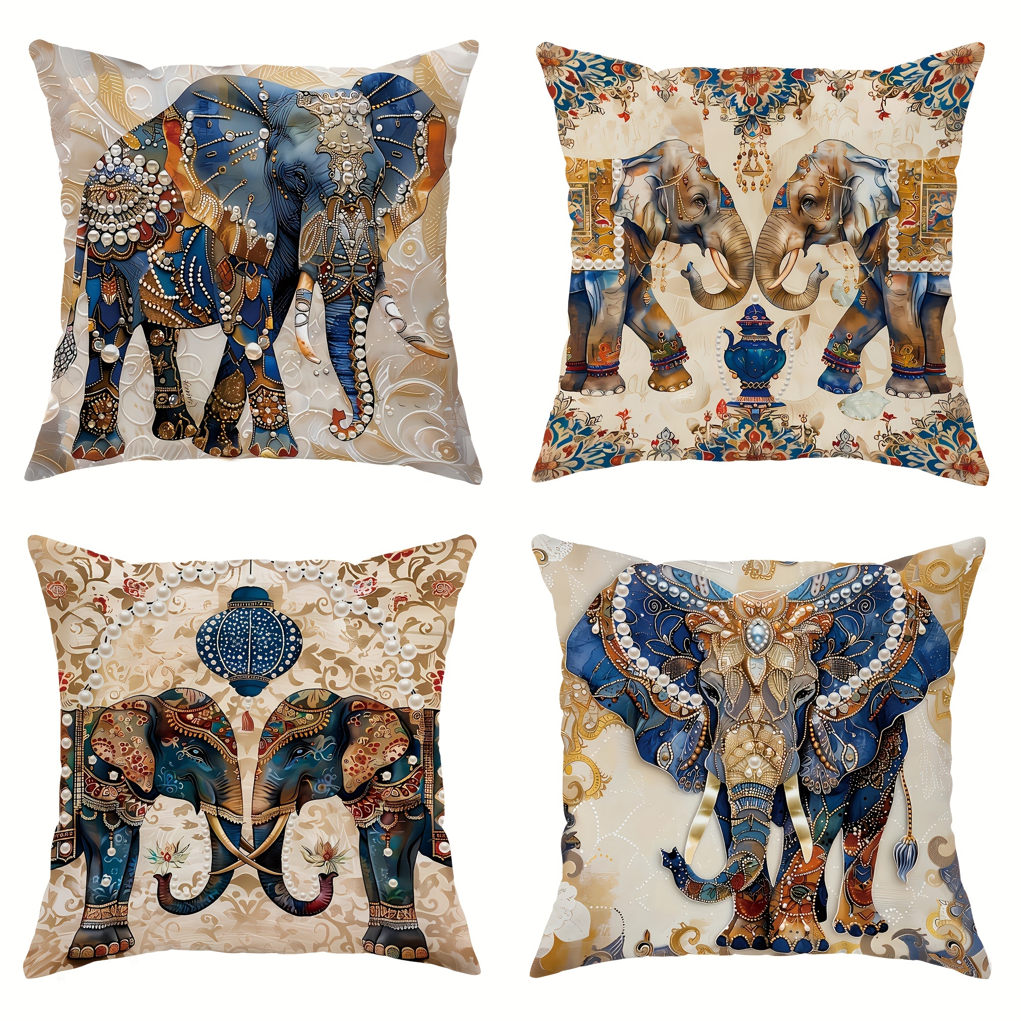 

Bohemian Elephant & Paisley Decorative Throw Pillow Covers Set Of 4, Hypoallergenic Polyester, Contemporary Style Zippered Cushion Cases For Sofa And Bedroom, Machine Washable, 18x18 Inches