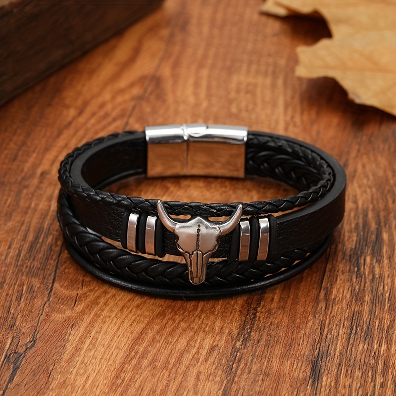 Image of Men's Pu Leather Bracelet, Braided Design, Punk Style Unique Alloy Metal Clasp, Ideal Gift For Men, Trendy Men's Fashion, Black Pu Leather Jewelry