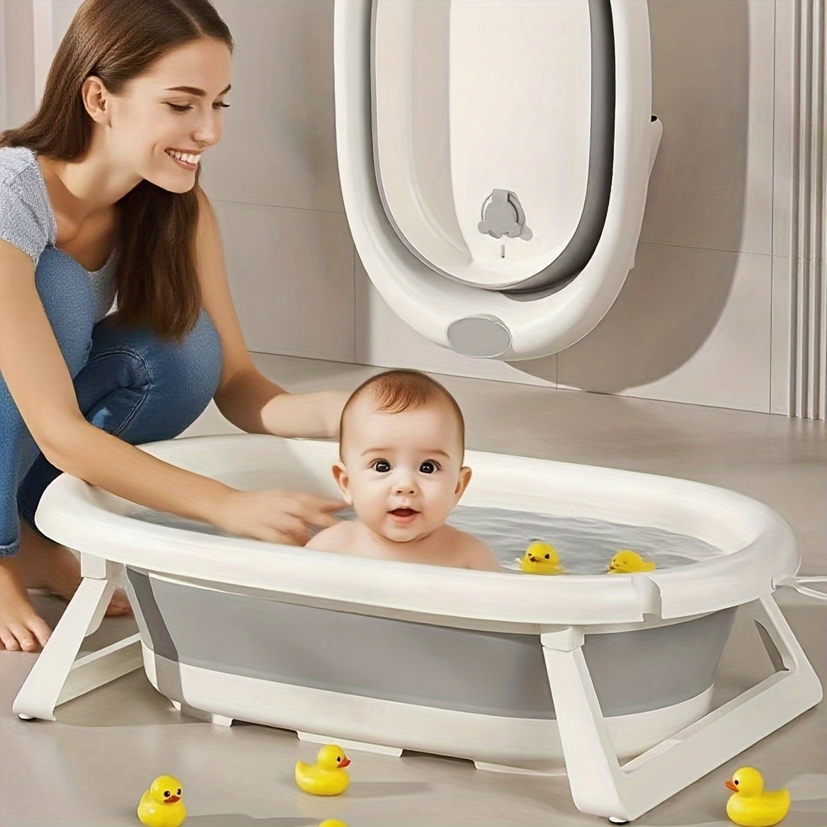 Baby Large Bath Tub for Children, Plastic Folding Bathing Basin, Foldable Soaking Tub That Can Be Used for Sitting Or Lying Down, Includes a Folding Bath Rack, Folding Water Bucket, And Folding Water Scoop in a 4pcs Set