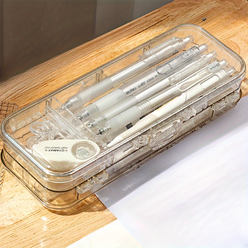 

Transparent Double-layer Desk Organizer Case, And Office Accessory, Plastic Material, With Ruler, Snap Closure Design For Stationery, Pens, Pencils, And Markers, For 14+