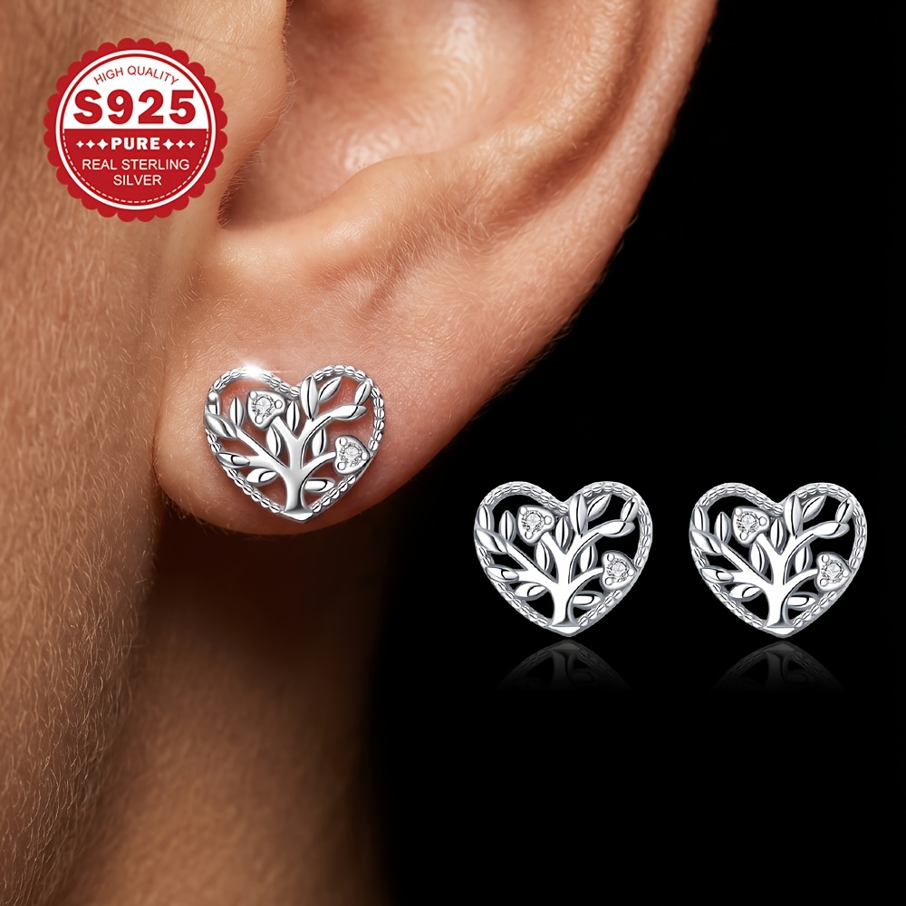 Women's Heart-shaped Tree of Life Stud Earrings in S925 Silver