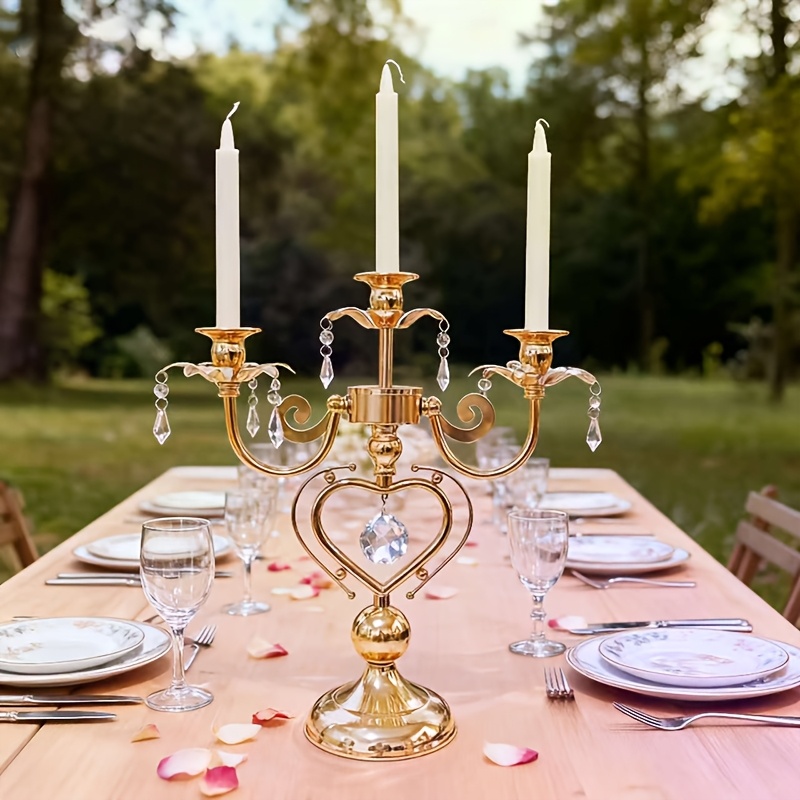 TEMU Bougeoir à 3 bras en métal forgé et cristal de style vintage, bougeoir de table, décoration de bougeoir de dîner, convient pour la décoration