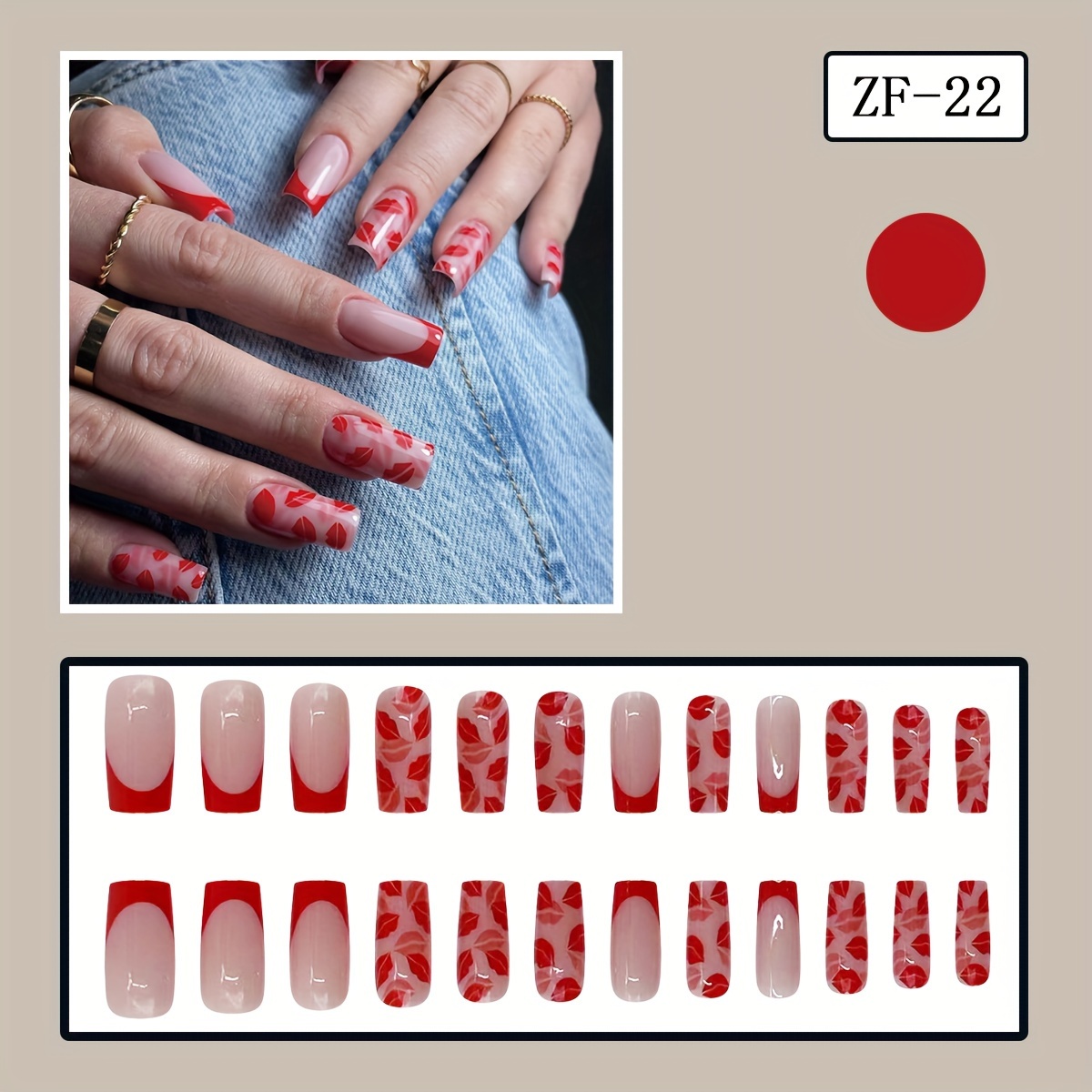 24pcs Medium Square Red French Nail Valentine's Day Fake Nails