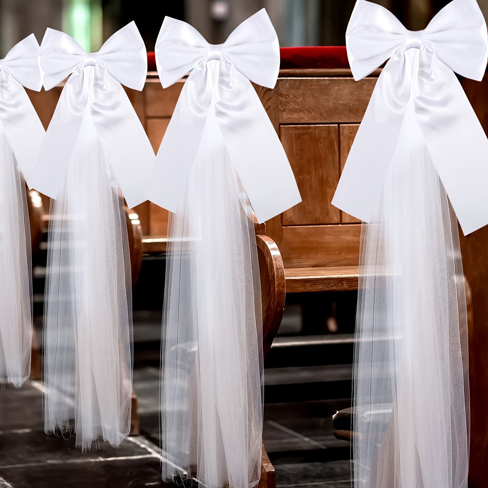 Image of 12pcs/4pcs Large White Wedding Peony Bow Satin Bows And Tulle Fabric Church Chair Aisle Decor Bridal Shower Reception Mother's Day Bouquets, Christmas, Halloween