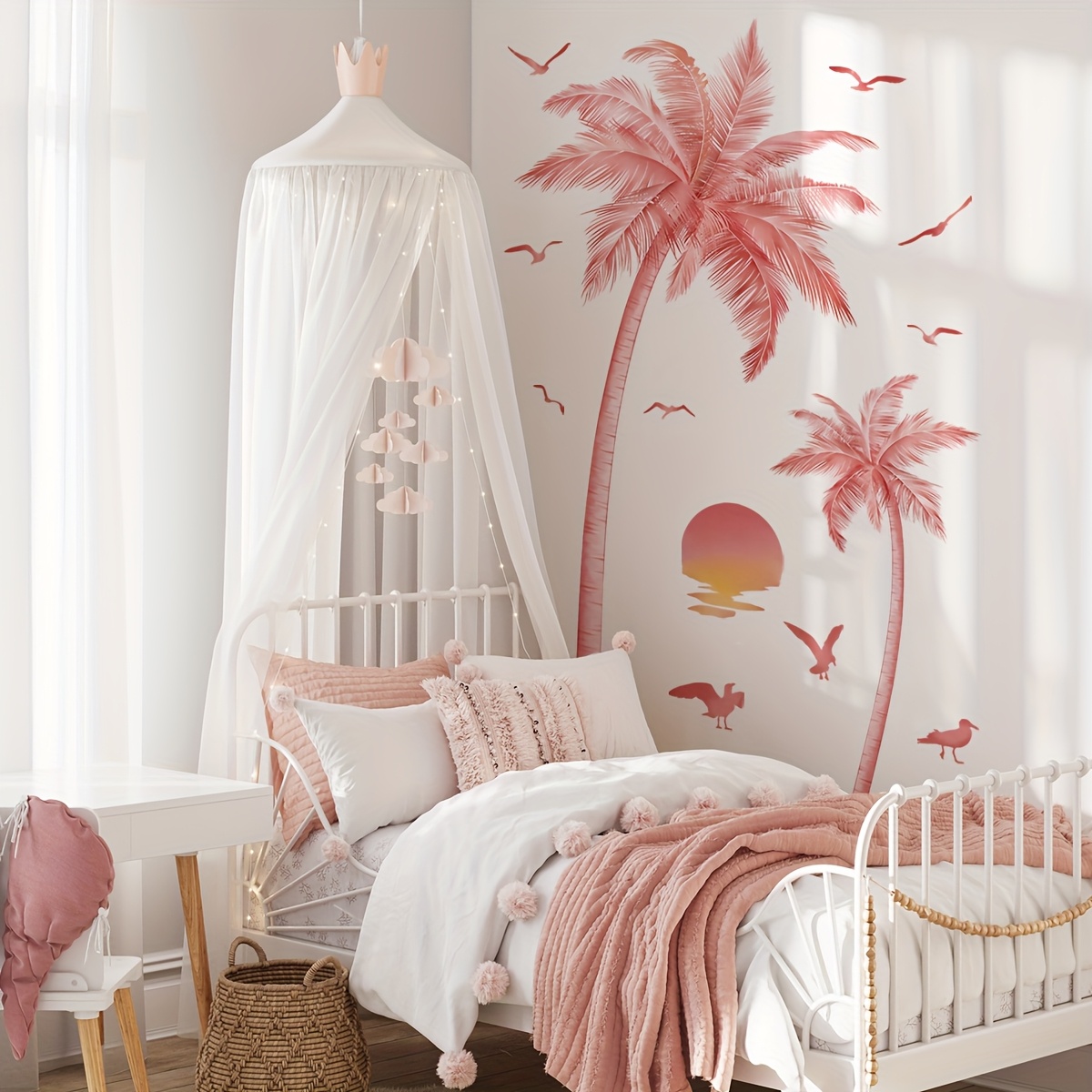 a set of 3 hand painted   stickers featuring   trees and sunset on the sea 30 90cm 3pcs for   rooms bedrooms and bathrooms m14549 nl