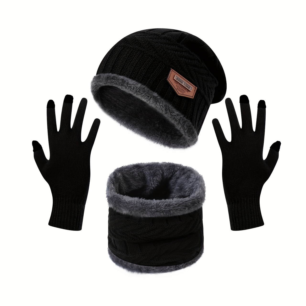 

Winter : 3pcs Set With Cozy Knit Beanie, Ear-warming Fleece-lined Hat & Neck Warmer - Soft Polyester, Stretch Fabric, Hand Washable