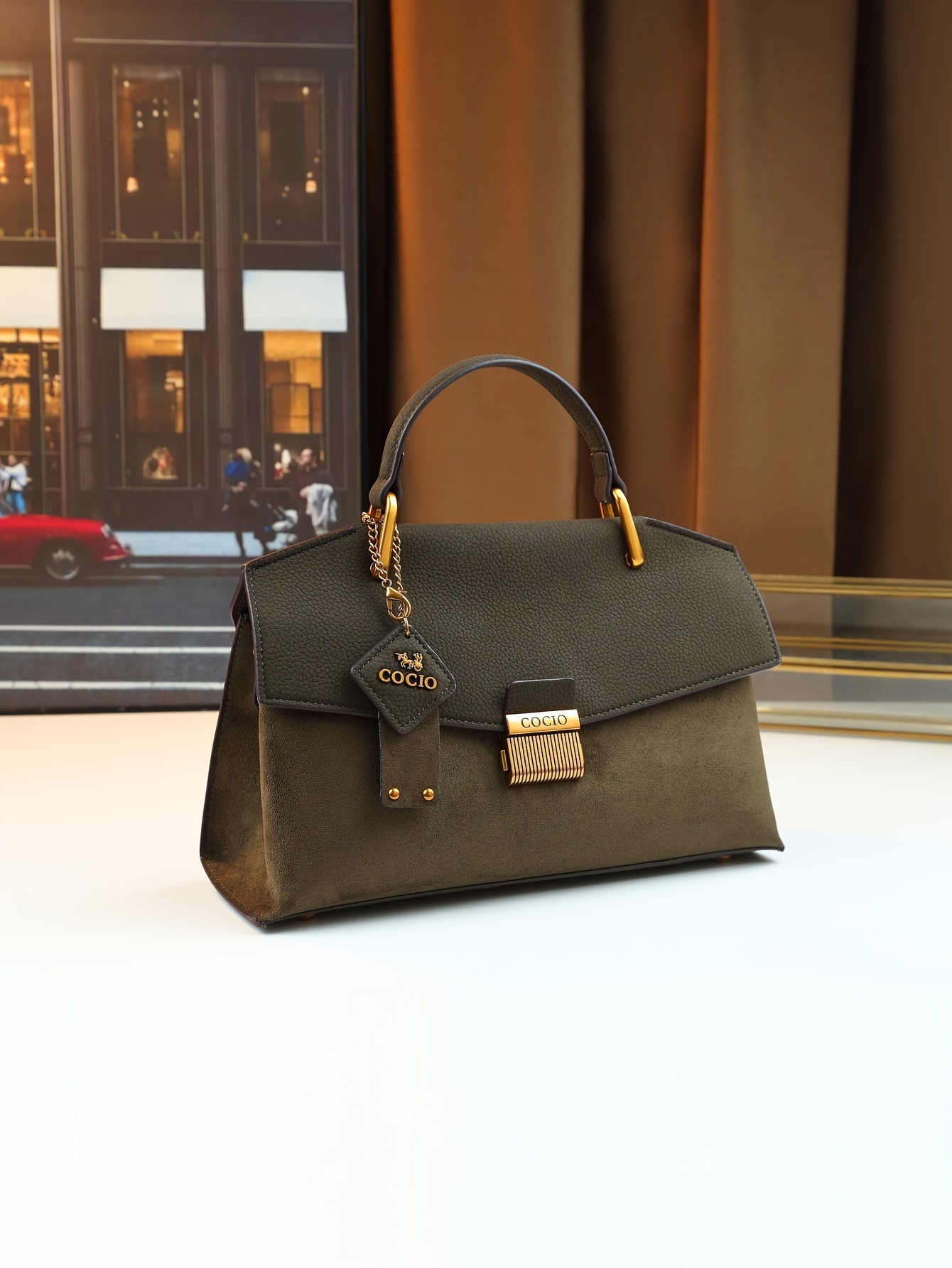 Elegant Dark Khaki Handbag front view