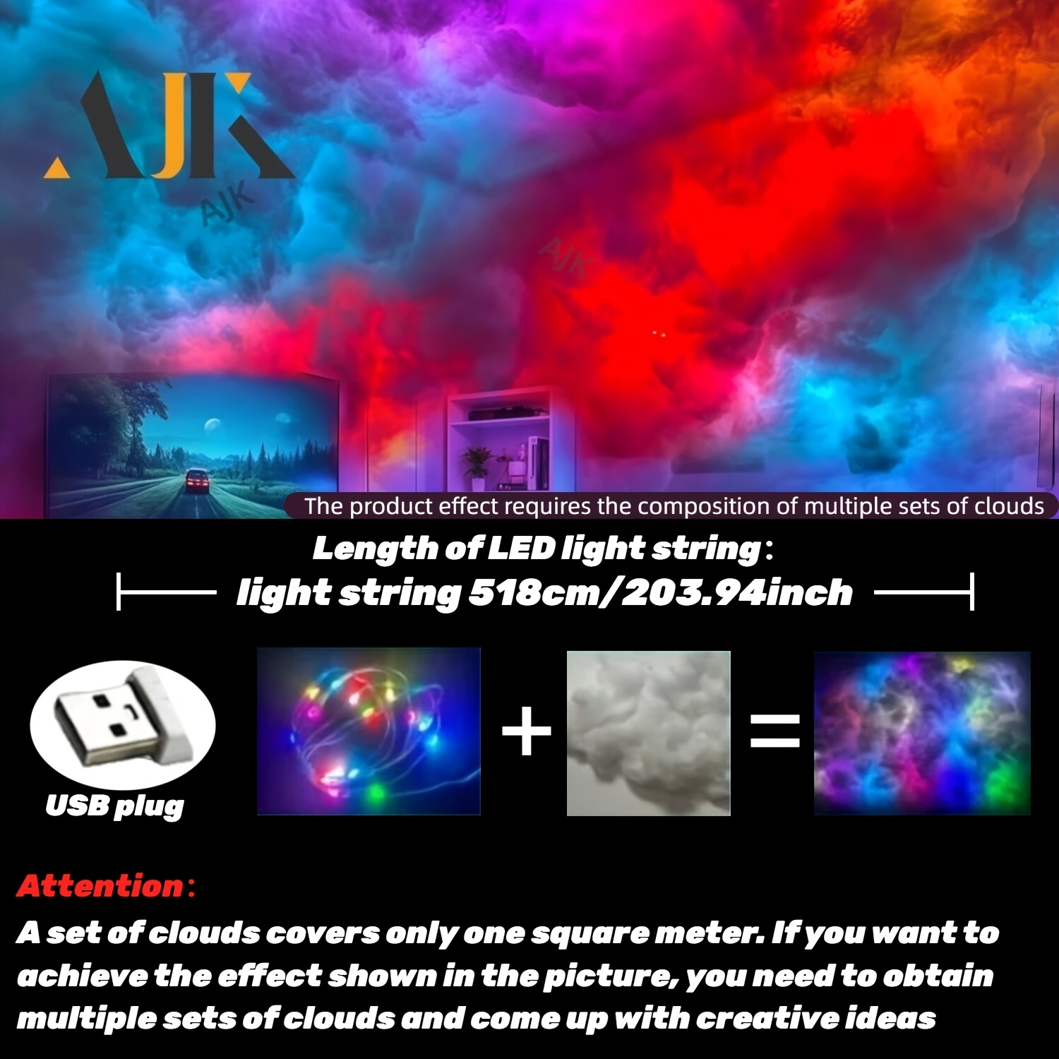 TEMU Usb 3d Thundercloud Led Light, Diy Rgb+ic Ceiling Cloud Lights And For Room Decoration, Christmas Decoration (16.4ft)