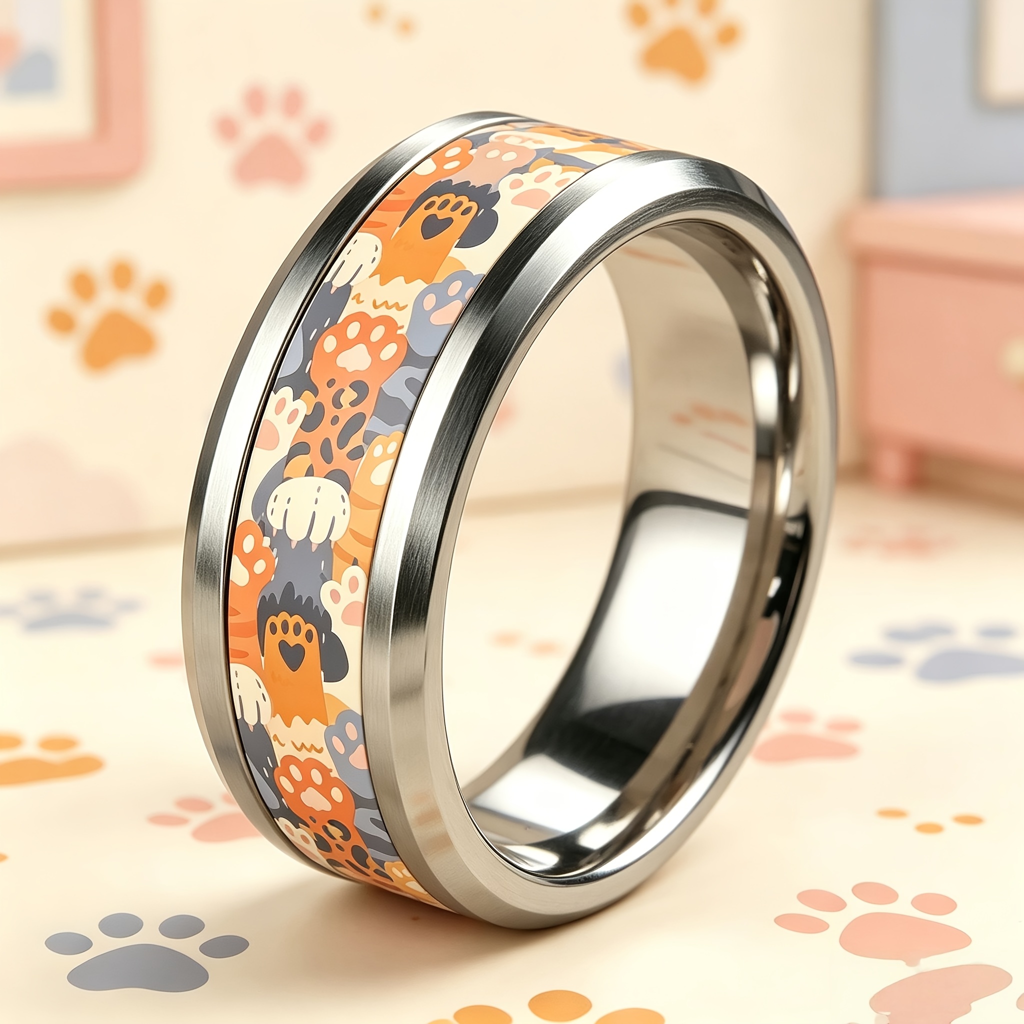 Adorable Soft-toned Colorful Cat Paw Print Ring, Stainless Steel