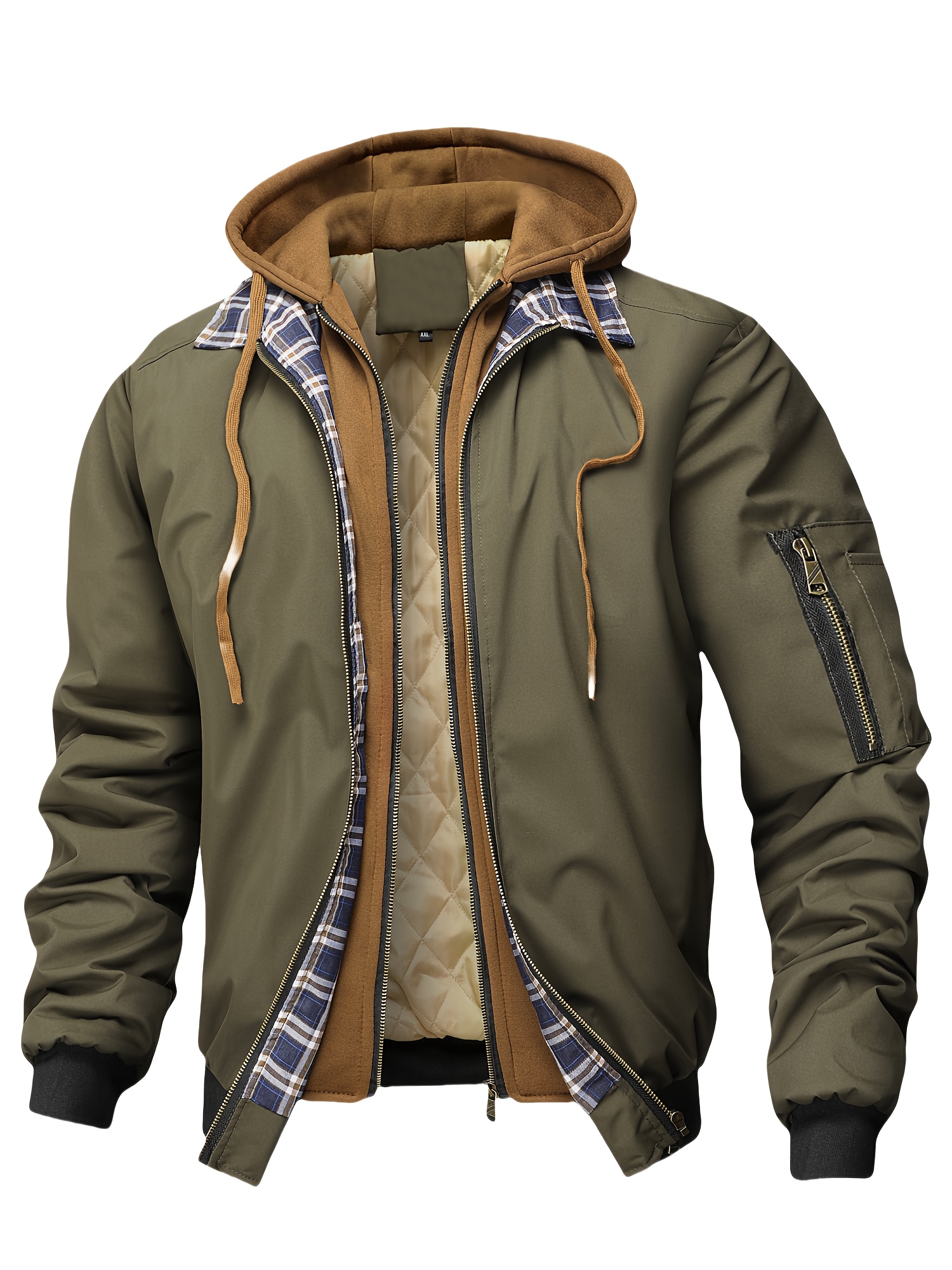 mens plaid hooded zip up jacket casual loose   black checkered pattern drawstring hood long sleeves polyester lining     winter autumn winter jacket plaid pattern jacket zippered jacket