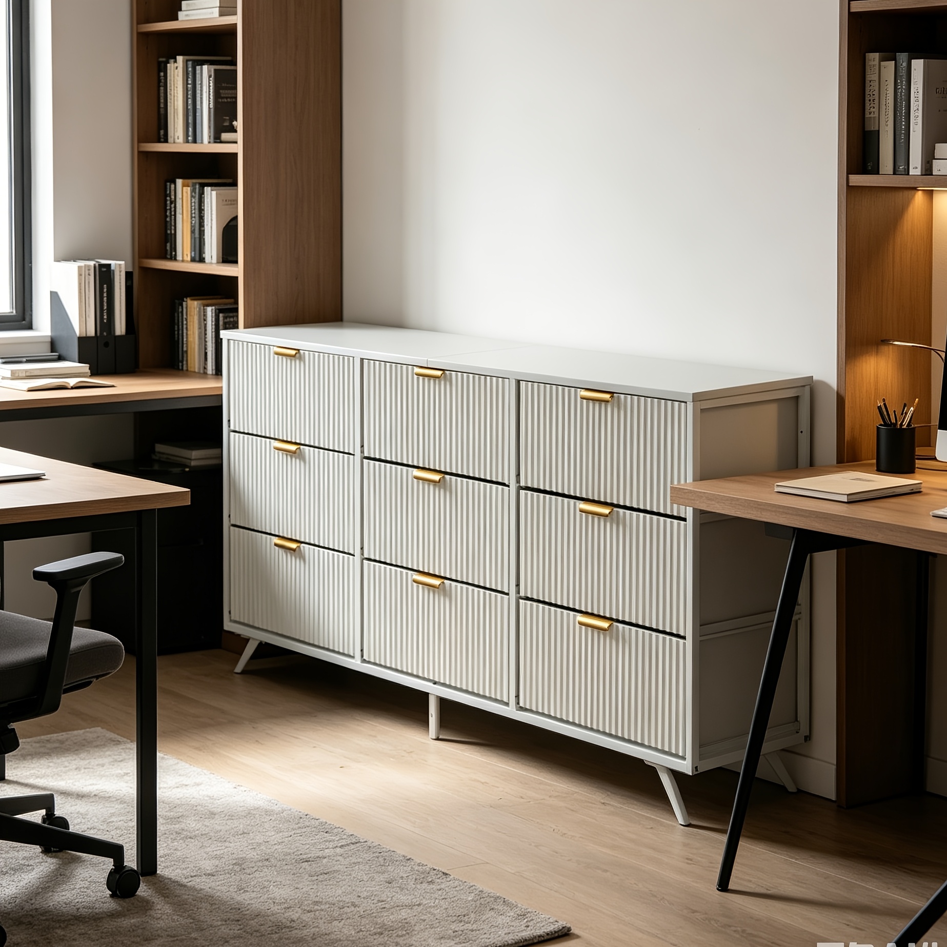 9 Drawer Modern Fluted File Cabinet, Wide Drawers with Metal Handles, Multi-Functional Storage Cabinet for Home Office