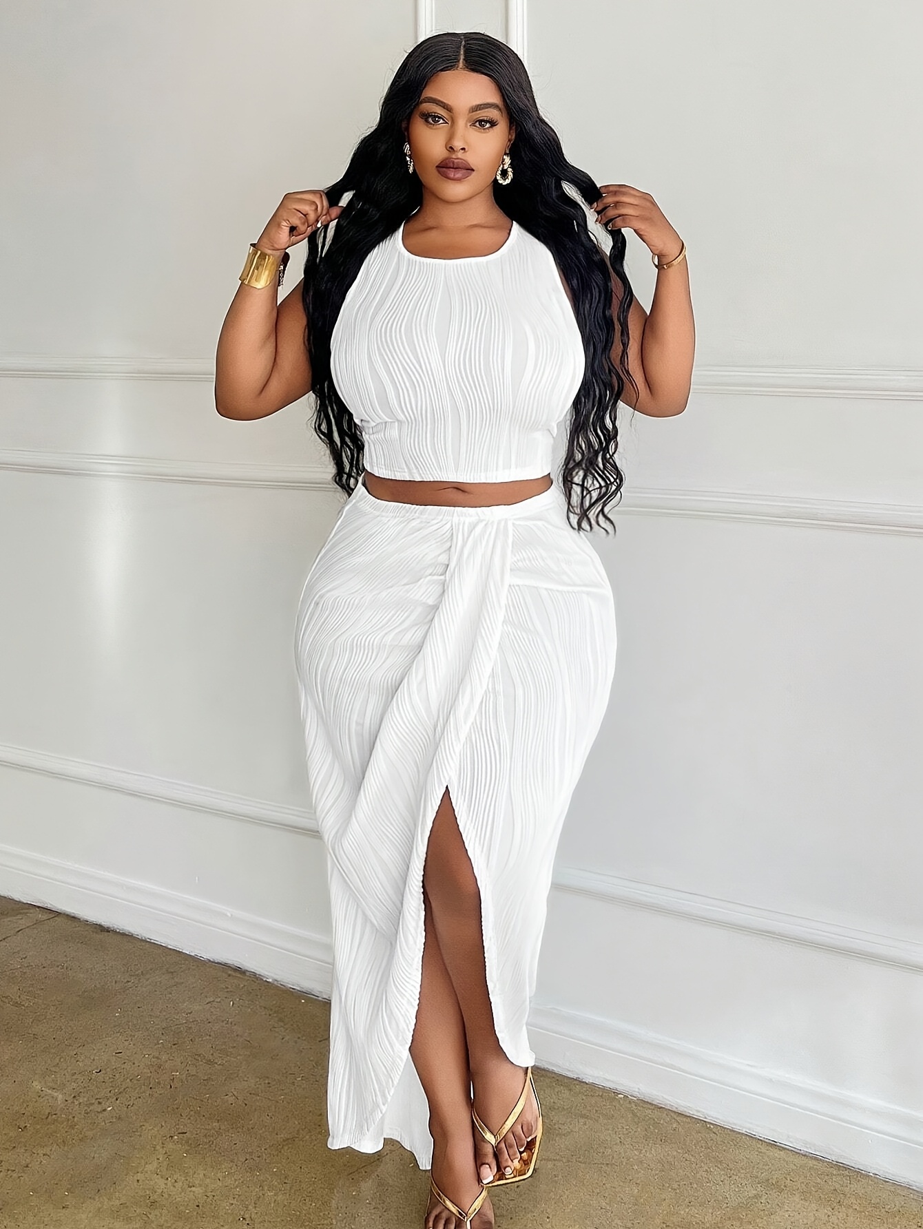 Plus Size Elegant White Two-Piece Set Sleeveless Crop Top Asymmetrical  Skirt with Medium Stretch Fabric Casual Attire|Modern