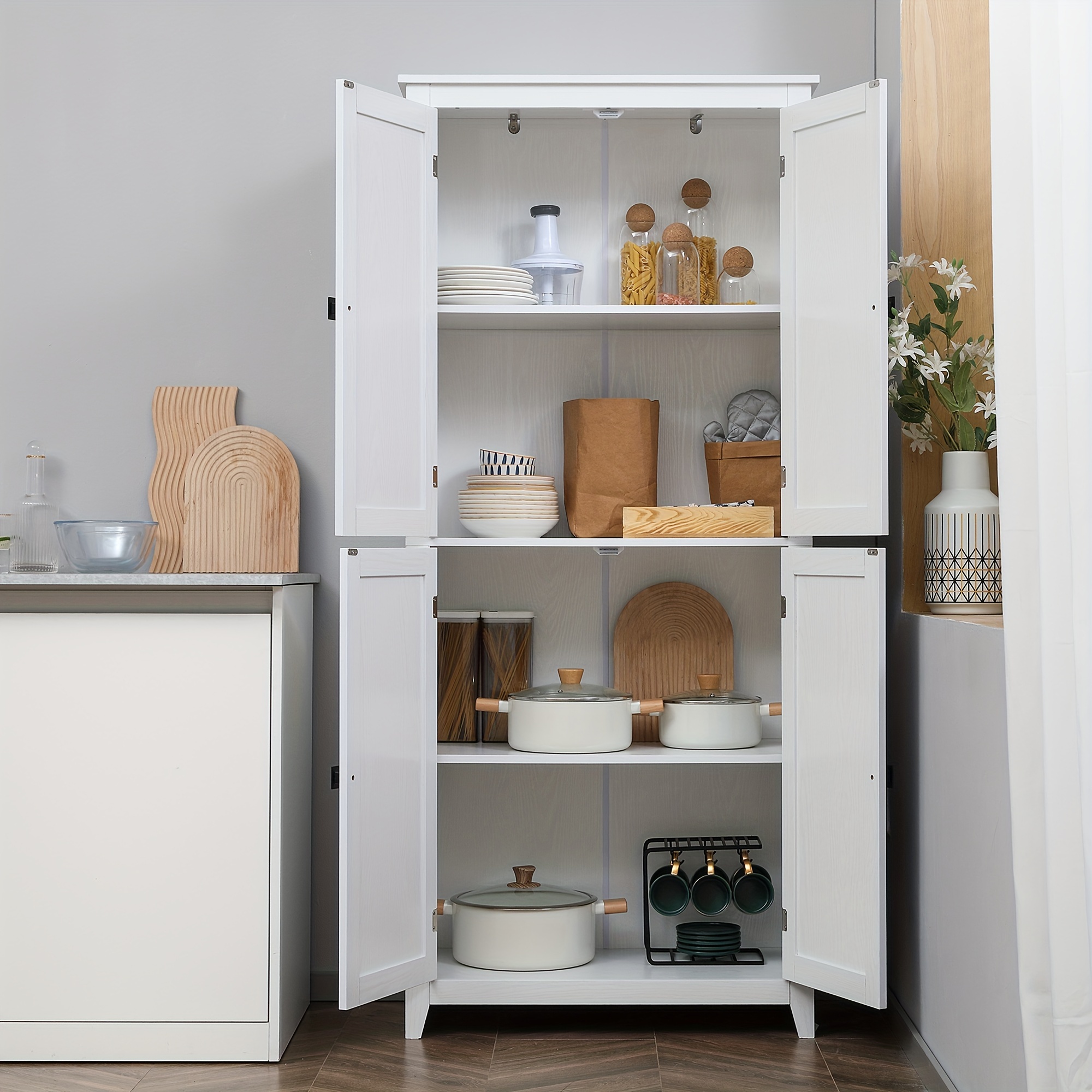 White Kitchen Pantry Cabinet With 4 Doors - Corner Storage Cabinet With Adjustable Shelves Farmhouse Style
