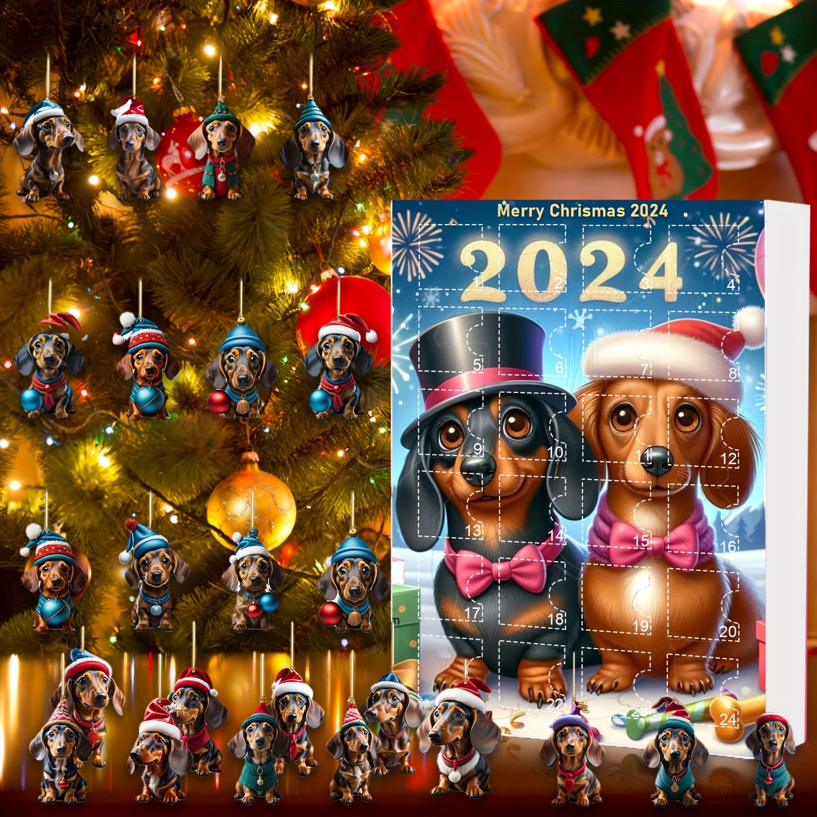 

24 Days Christmas Surprise Countdown Calendar - Art Acrylic Blind Box Advent Calendar With Dachshund Design, No Battery Required, Holiday Countdown For