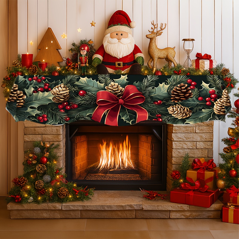 TEMU 1pc Christmas Holly Pinecones Fireplace Scarf Mantel Cover Xmas Table Runner Rectangular Festive Room Decor For Christmas Decor 78.7x19.6 Inch