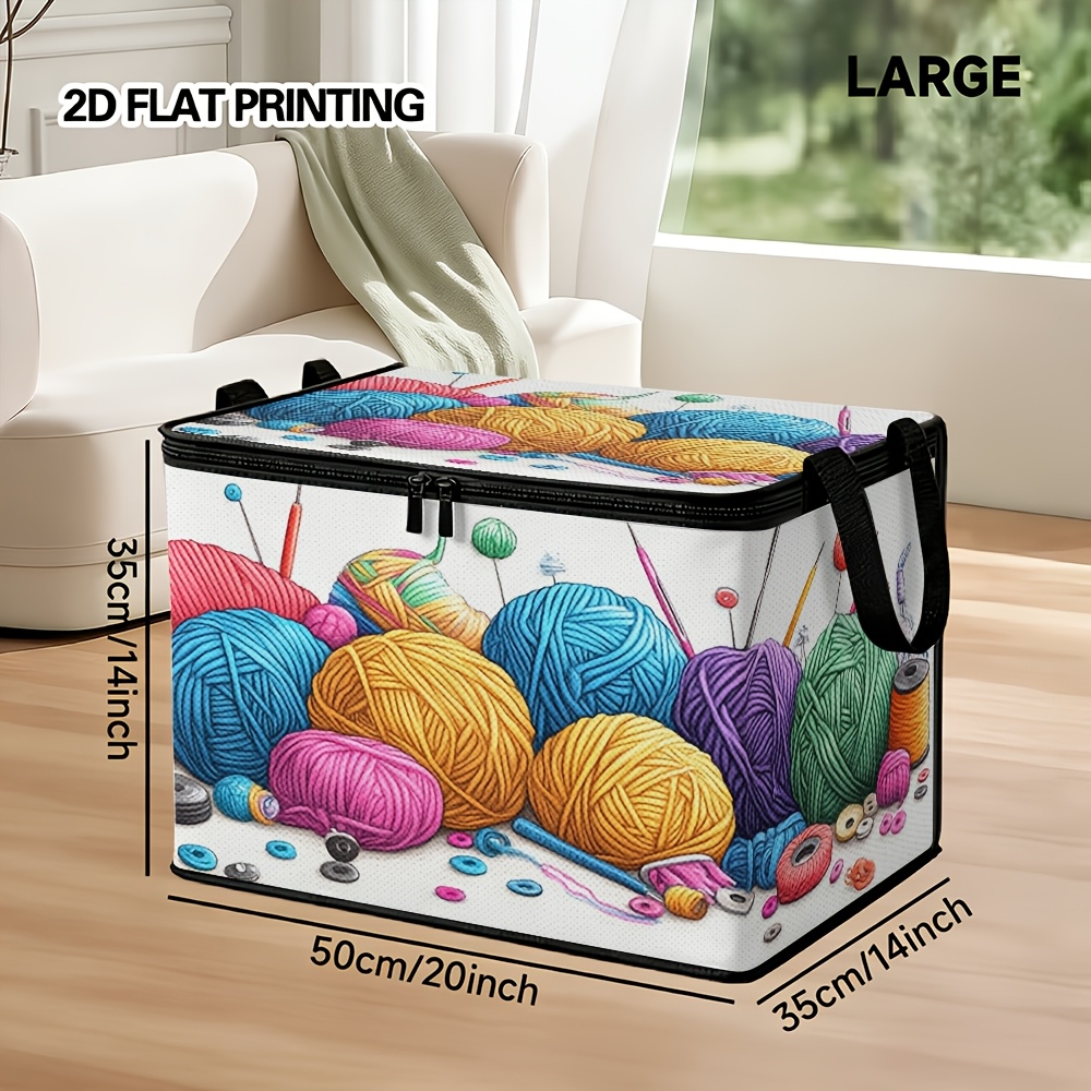 TEMU 1pc 2d Flat Of Vibrant Yarn And Tools Printed Storage Basket Featuring A Lid, Ideal For Organizing Shelves, Clothing, And Seasonal Items In A