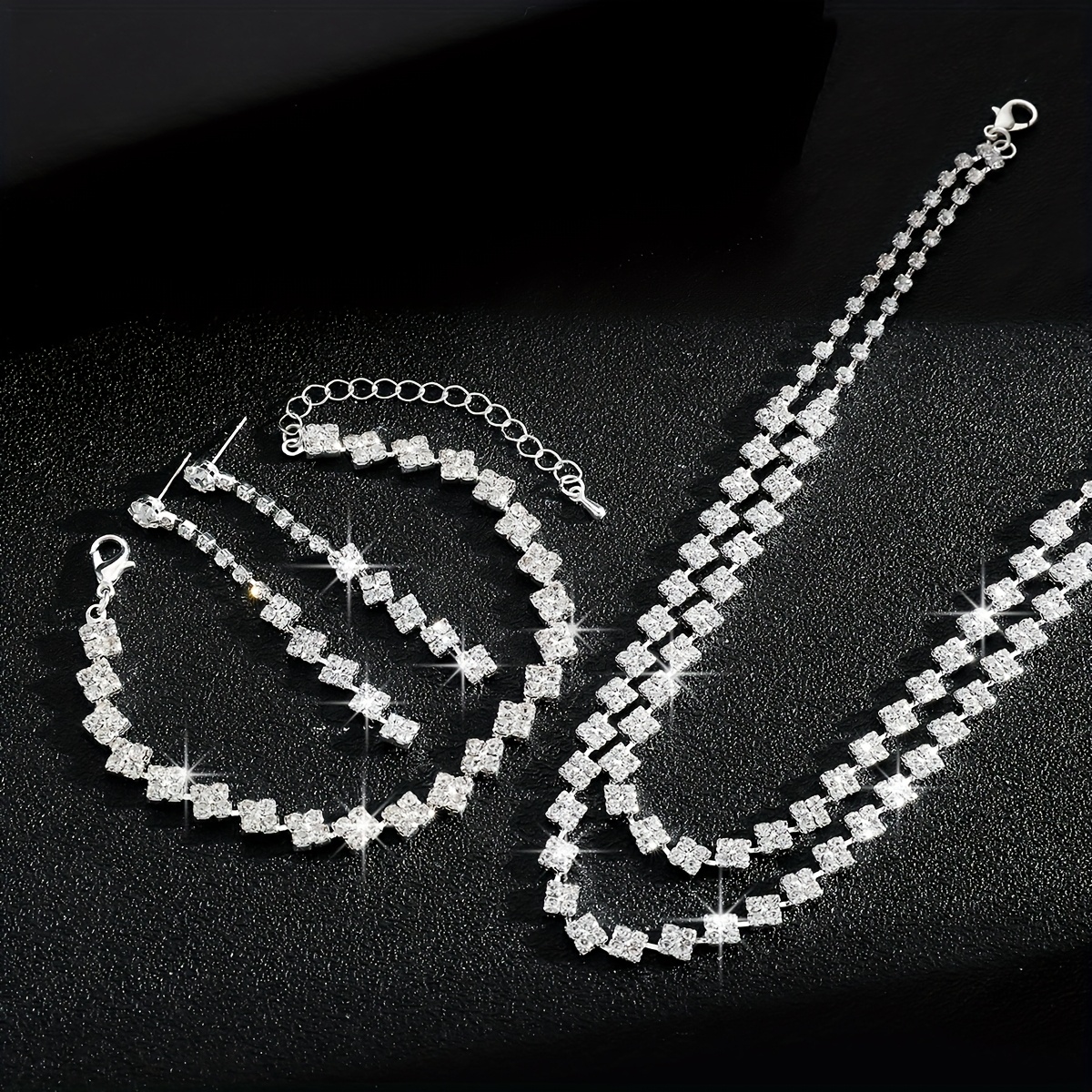 Sparkling Rhinestone Double Layer Necklace and Earrings Set for Bride