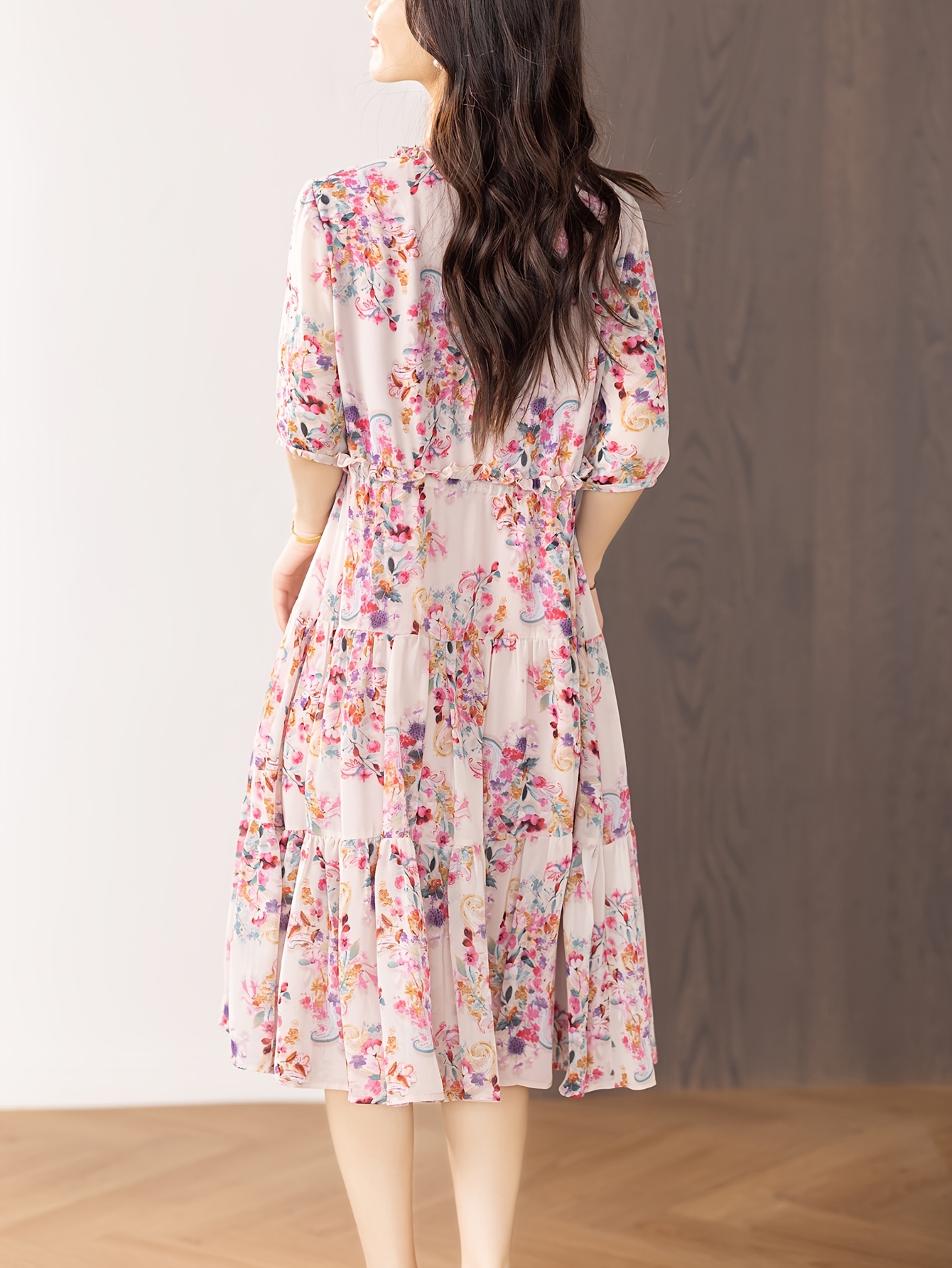 plus size elegant floral print chiffon dress women v neck - Temu Oman