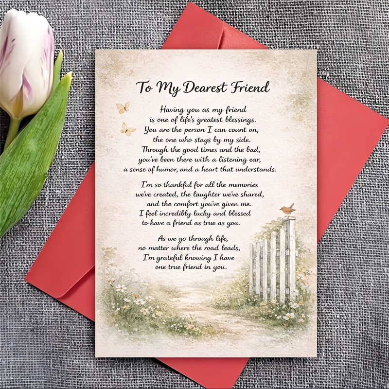 TEMU 1 Greeting Card + 1 Envelope. 2d Flat Greeting Card, Includes 1 Envelope, For Your Dearest Friend, Floral Nature Design, Friendship And