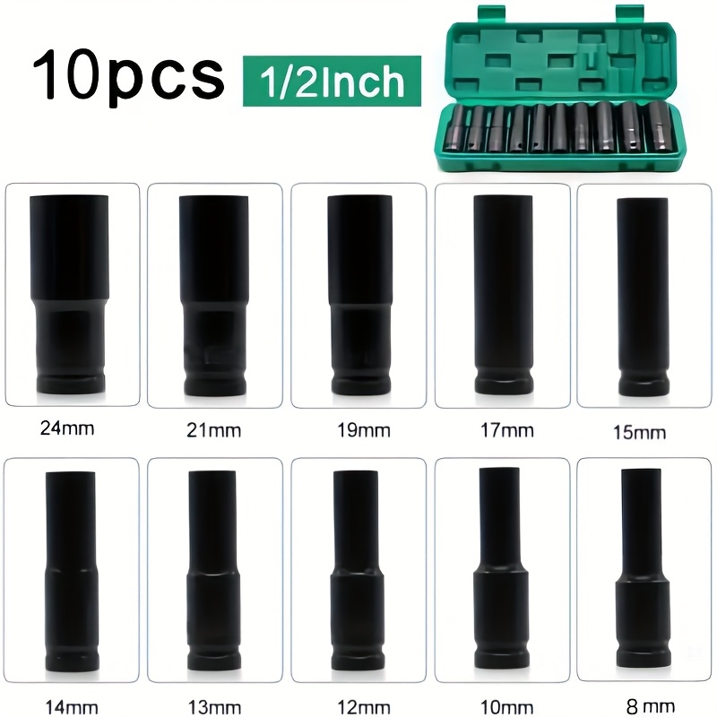 TEMU 10pcs Heavy-duty 1/2" Drive Impact Socket Set - Chrome Vanadium Steel, Rust & Abrasion Resistant With Polished Finish For Garage Use