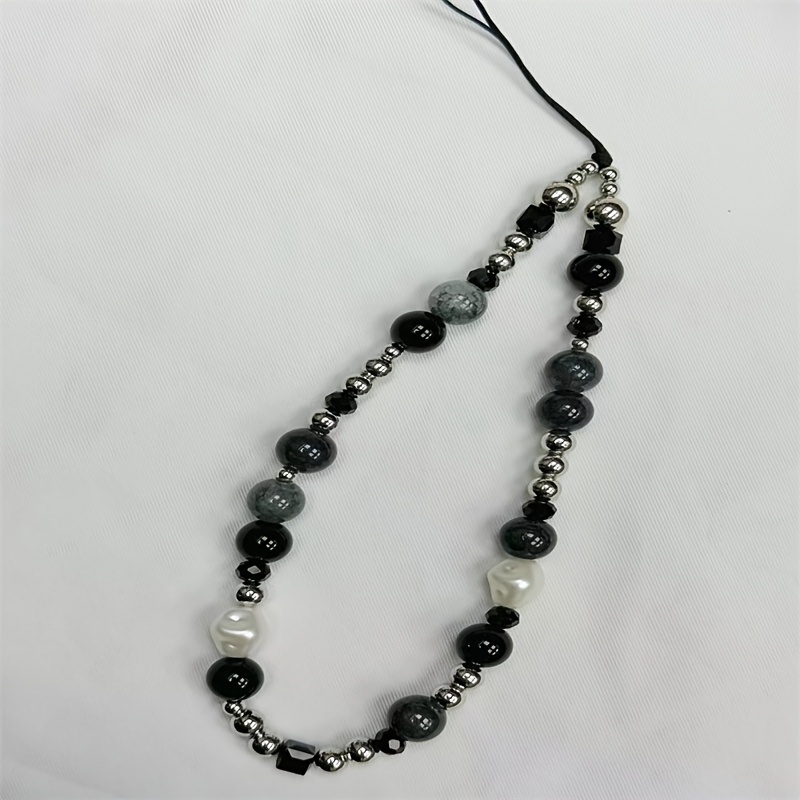TEMU 1pc Bracelet Porte-Téléphone Noir Haut de Gamme Japonais Coréen Doux et Cool, Chaîne Perlée Fait Main, Lanière pour Appareil Photo CCD
