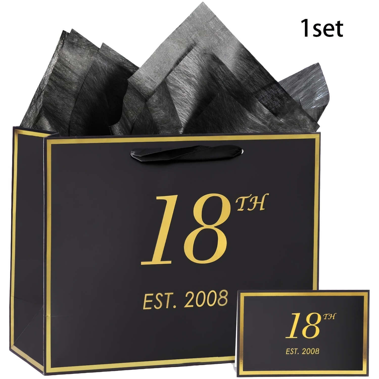 Image of 1set/5sets, Black 18th Birthday Gift Bag With Card And Tissue Paper For Men Women, 2008 18 Year Old Elegant Black Golden Anniversary Keepsake Party Present Shopping Paper Bags For Gifts Wrapping