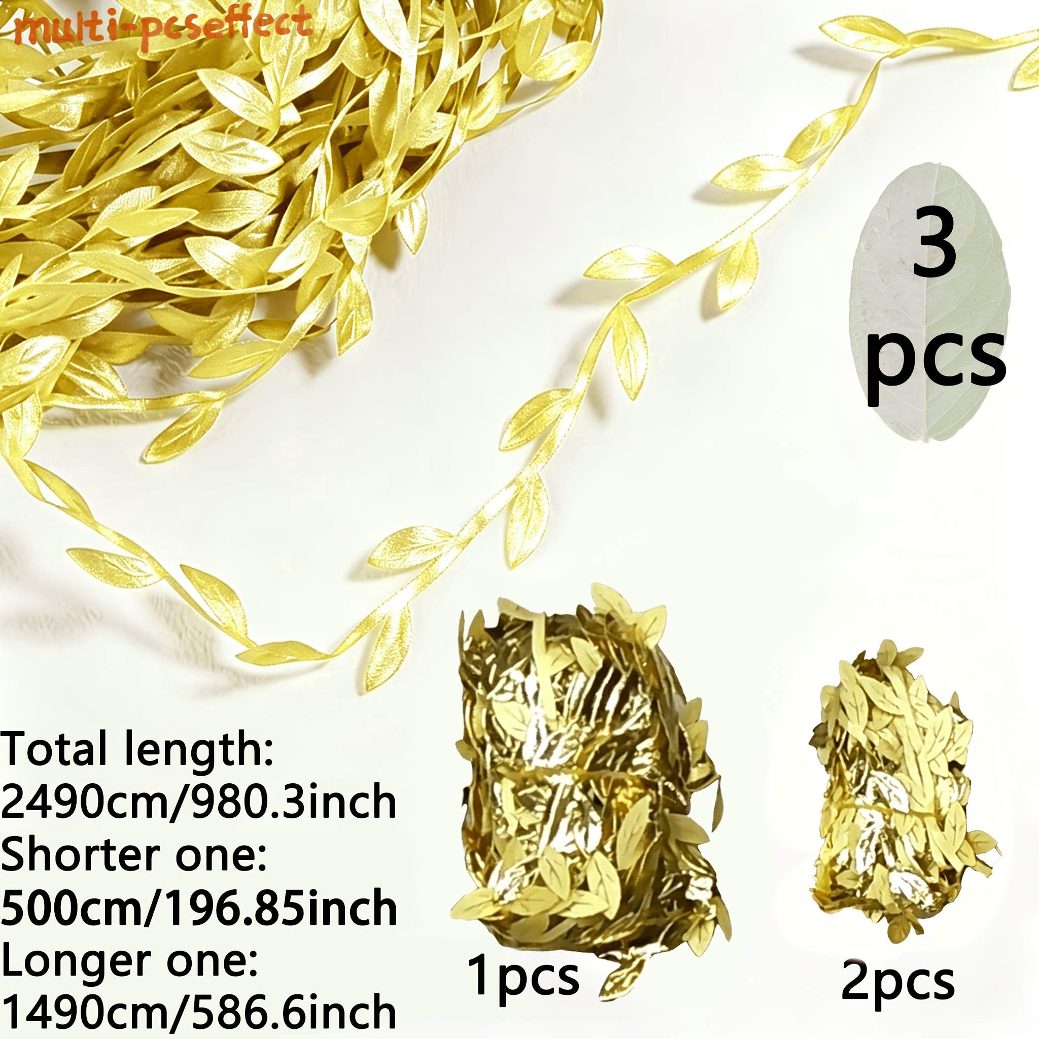 TEMU 3 Rolls Total 2490cm/980.3 Inches Golden Artificial Leaves Satin Ribbon | Artificial Leaf Vine Decoration, Fake Leaf Ribbon, For Crafting,