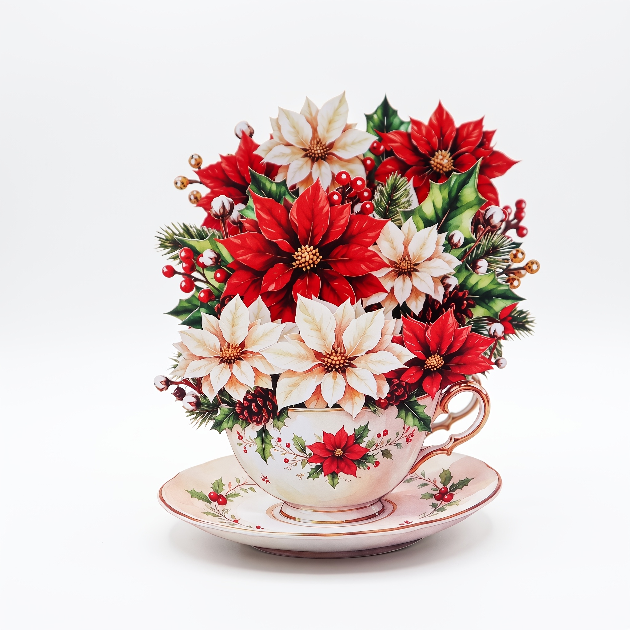 TEMU Carte de vœux 3D pop-up avec poinsettia et houx 3D, convient pour Noël, mariages, anniversaires - Artisanat en papier vintage pliable avec de